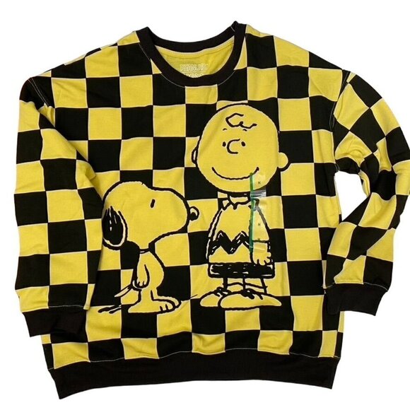 Peanuts Snoopy Charlie Brown Cozy Graphic Sweatshirt Yellow Check Sizes M/ L - Picture 1 of 10